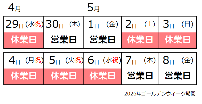 ゴールデンウィークの営業および休業期間のおしらせ